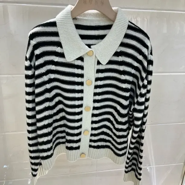 MJ加厚条纹女100羊毛针织衫黑白条纹针织开衫毛衣秋冬休闲女装