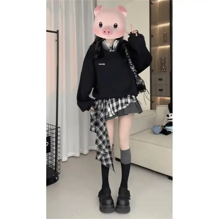 韩系设计感假两件不规则格子拼接卫衣裙女春季新款时尚显瘦上衣潮