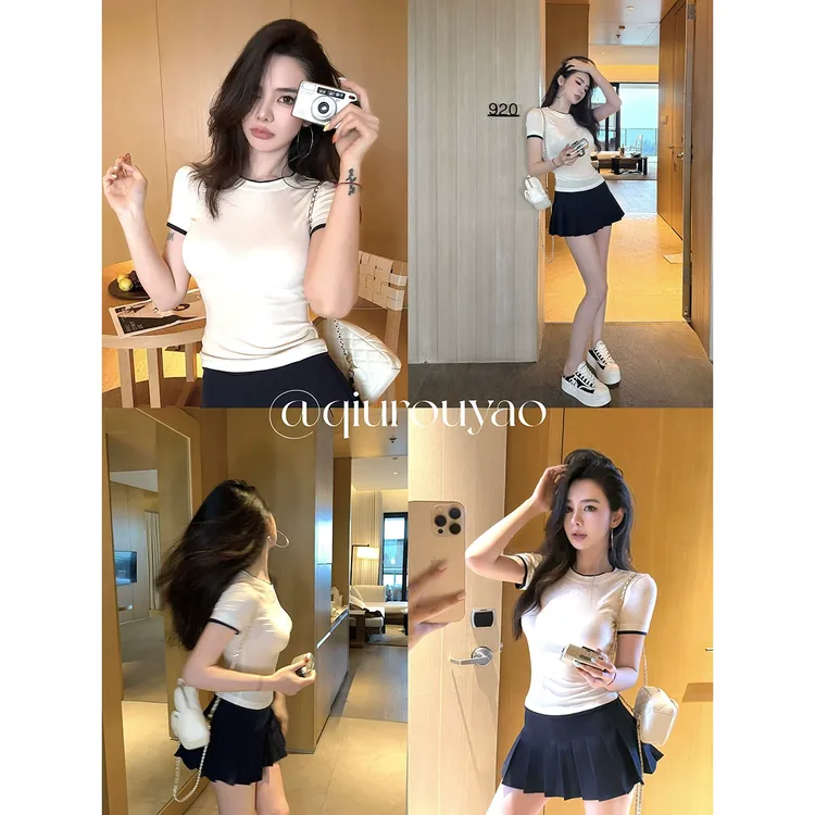 【QIUROUYAO邱肉瑶】显瘦易如反掌复古attitude撞色圆领T恤