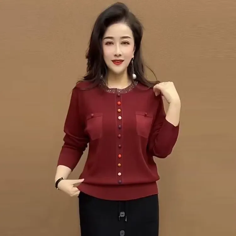 时尚气质中年妈妈装烫钻打底冰麻针织衫秋冬长袖宽松遮肉烫钻毛衣