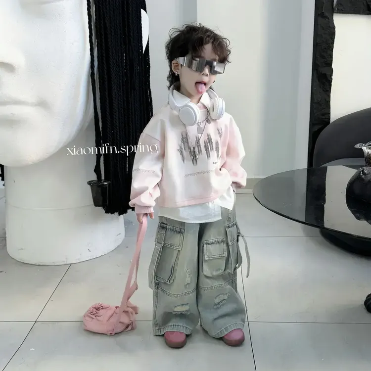 假两件韩版男童套装2025春季款洋气儿童卫衣POLO牛仔裤痞帅M90250