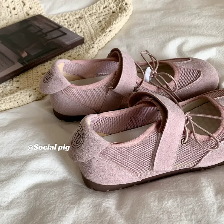 可甜可盐~韩女圆头蝴蝶结单鞋女芭蕾舞网面透气浅口玛丽珍运动鞋