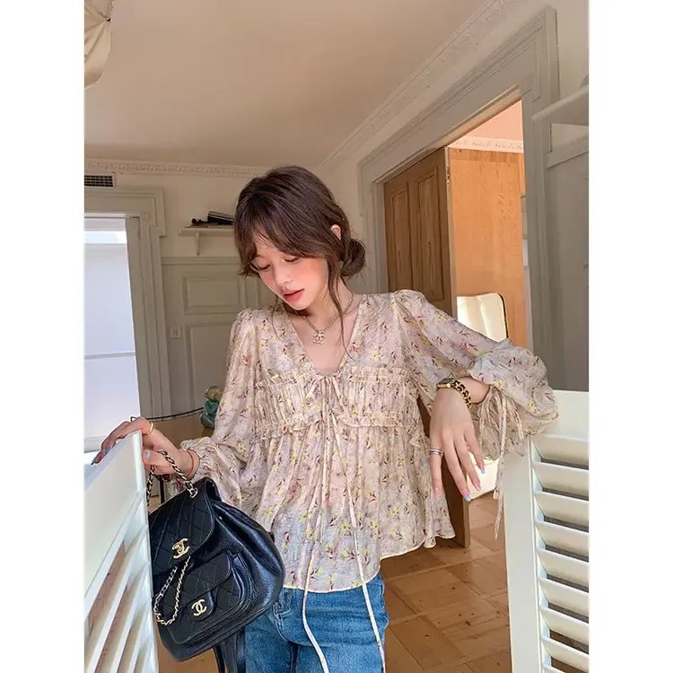 暮色bf庄园打揽抽皱高*级花型女装灯笼袖罩衫上衣衬衫