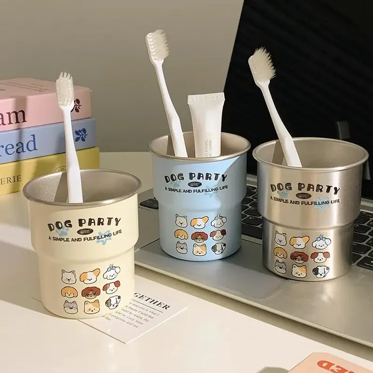 卡通小狗家族304洗漱高颜值情侣可爱牙刷不锈钢漱口杯家用刷牙