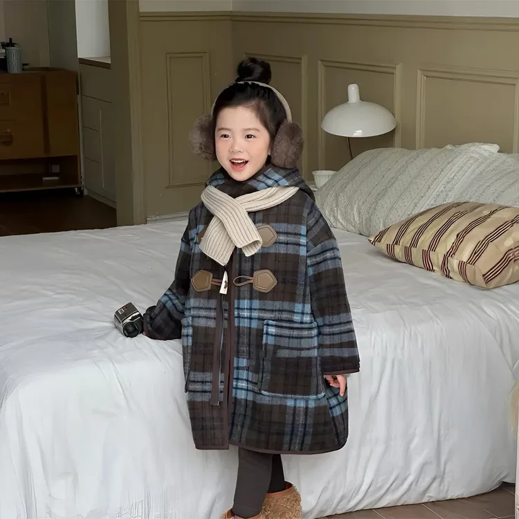 韩国女童加绒连帽格子大衣2025冬季新品儿童洋气连帽一体绒外套