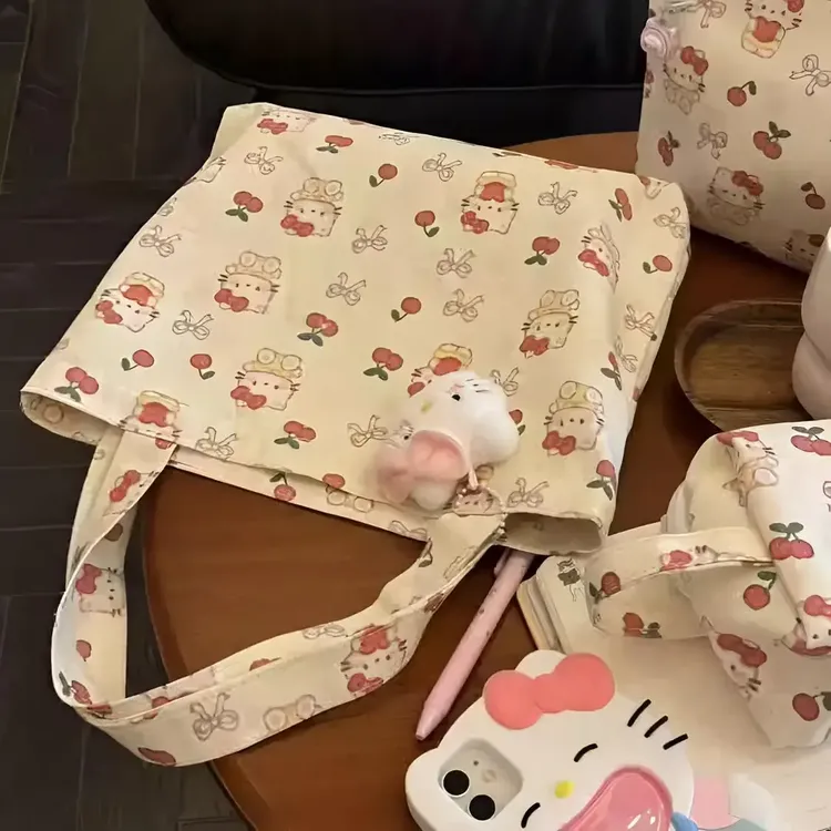 樱桃猫咪ins高颜值帆布包新款百搭大容量通勤包小众便当手提包女