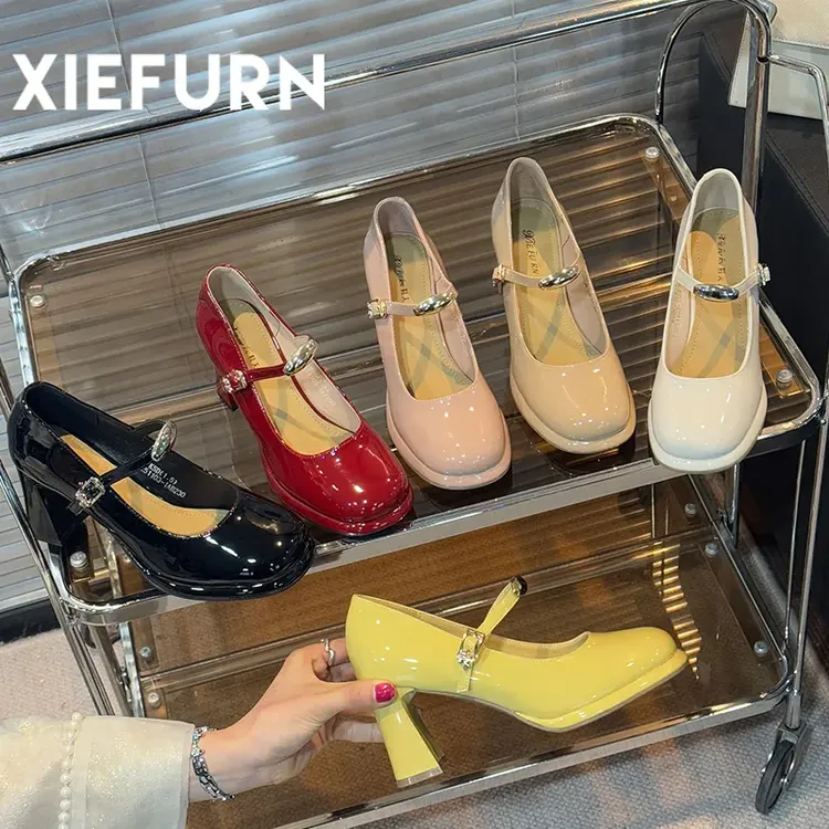 XIEFURN/鞋夫人玛丽珍高跟鞋2025新款一字带粗跟女鞋气质浅口皮鞋