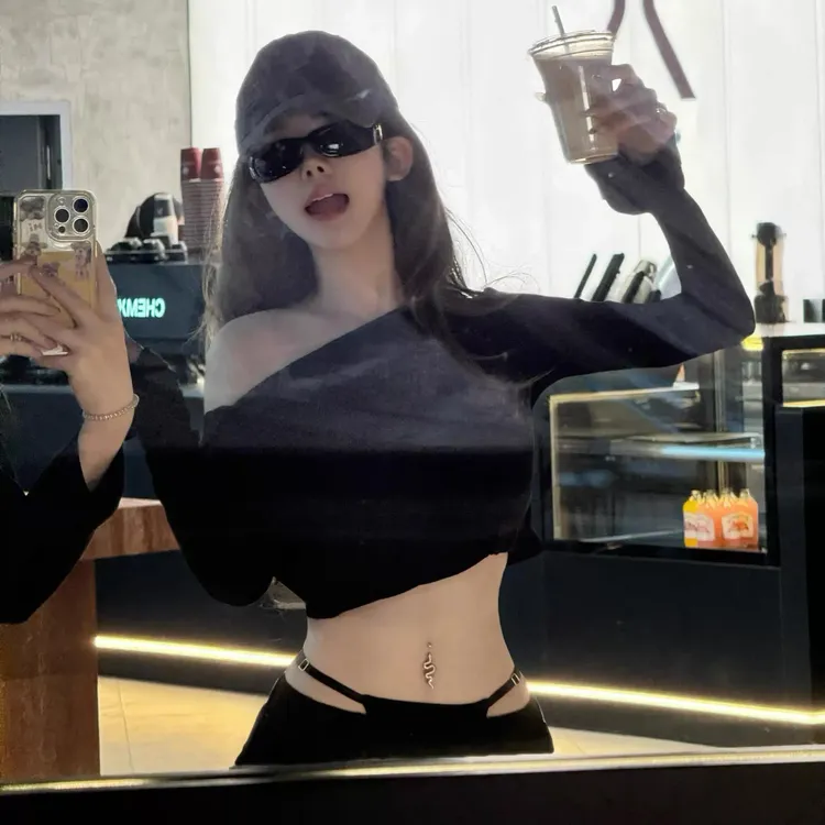 Yyynn Babies 假两件直筒阔腿设计感辣妹黑色工装裤