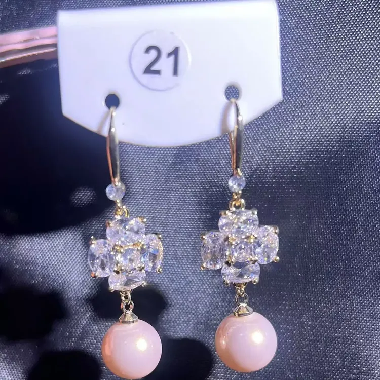 合金仿珍珠耳饰 珍珠植物花卉日韩耳勾素款时尚甜美粉色