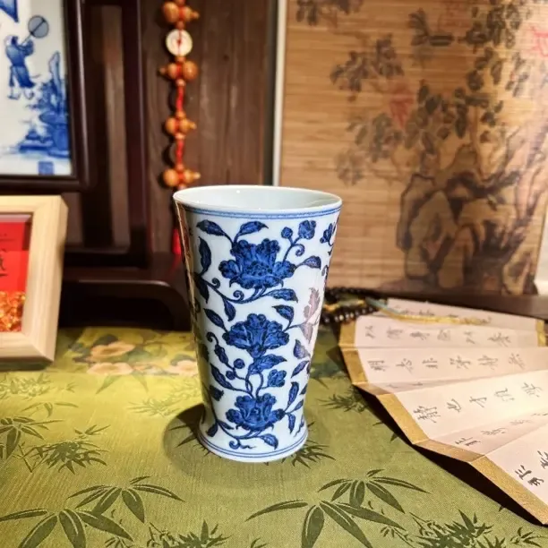  且斋慕明青花茶菊牡丹战国水晶杯大可乐杯冰桶