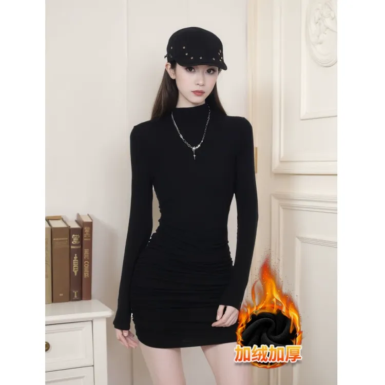 冬天黑色打底配大衣内搭包臀裙女秋冬季加绒加厚修身连衣裙短裙子