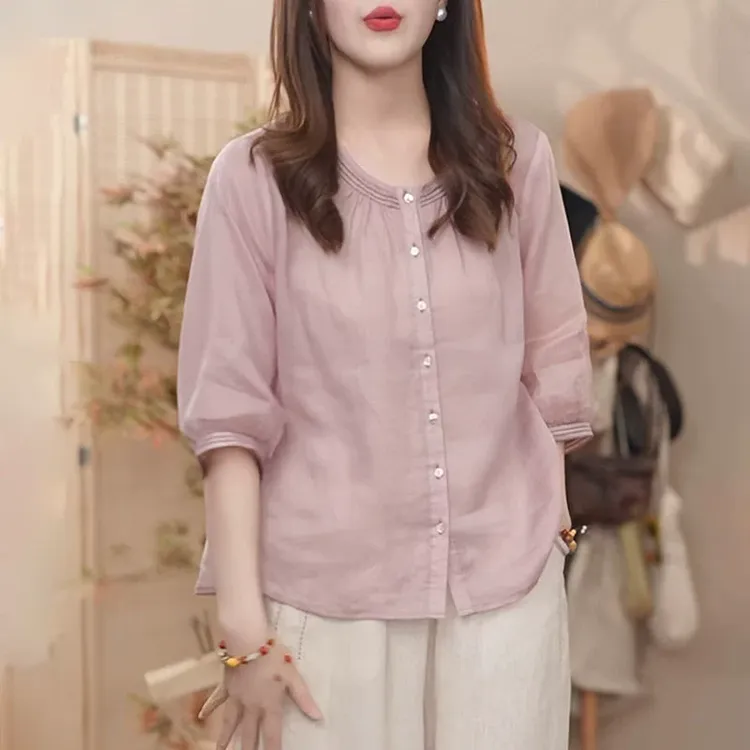 圆领休闲衬衫女士夏季2025显瘦时尚洋气减龄高级感超好看中袖上衣