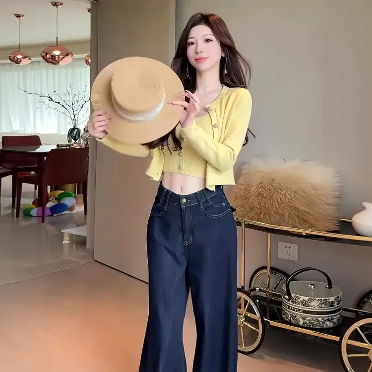 清冷松弛感穿搭套装2025秋季新款时尚百搭针织开衫 吊带 牛仔裤女