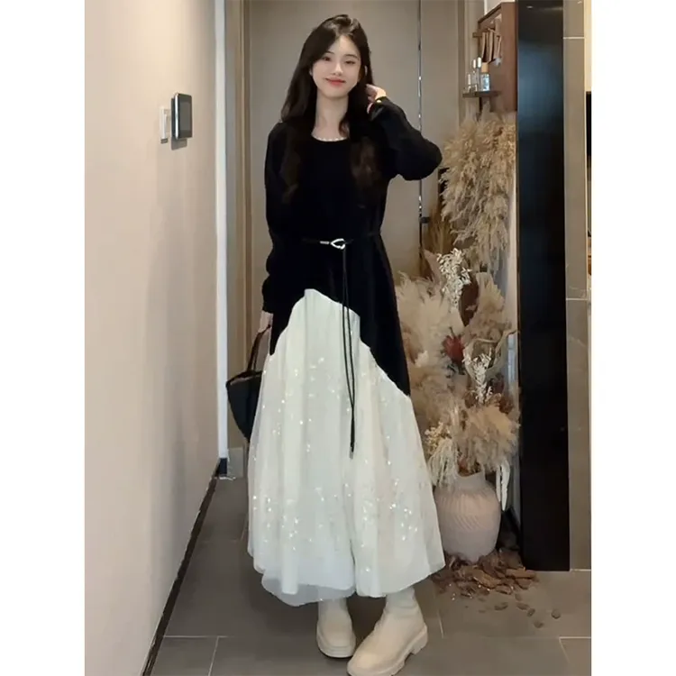 法式高级感假两件气质连衣裙女春秋2025新款时尚收腰显瘦过膝长裙