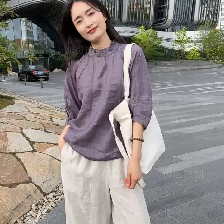 1310-苎麻衬衫女夏季撞色翻领复古气质显瘦短袖上衣