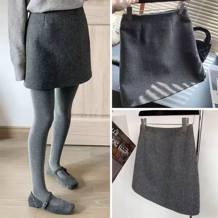 大码高级灰显瘦半身裙秋冬加厚毛呢短裙高腰miu系小个子百搭a字裙