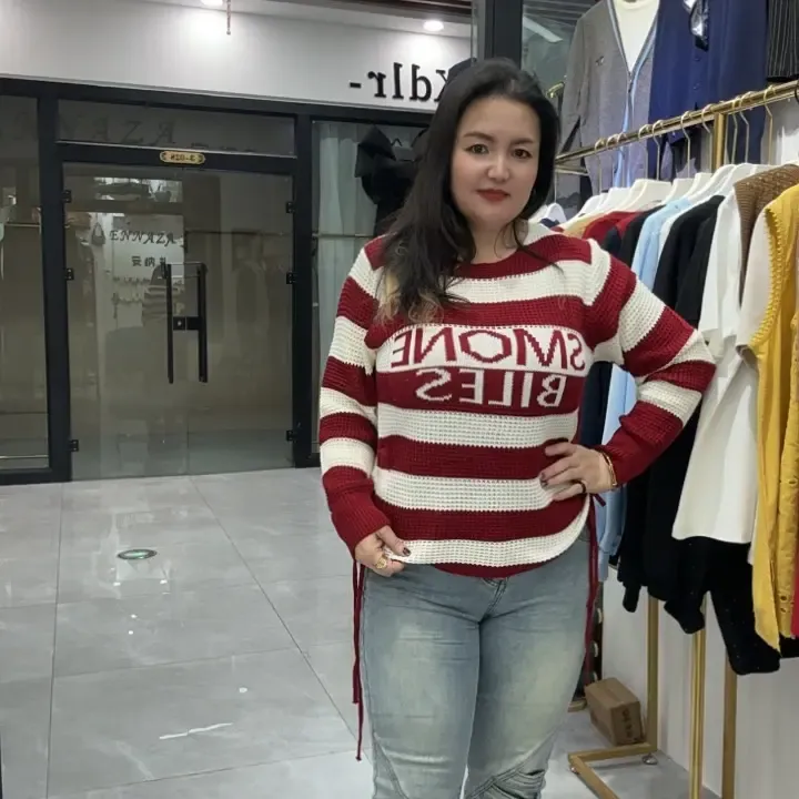 秋季条纹针织女长袖字母毛针织衫针织衫套头时尚圆领