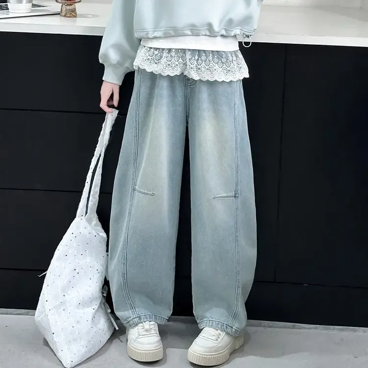 女童春秋牛仔裤百搭2025春秋弯刀牛仔裤韩版洋气潮中大童裤子