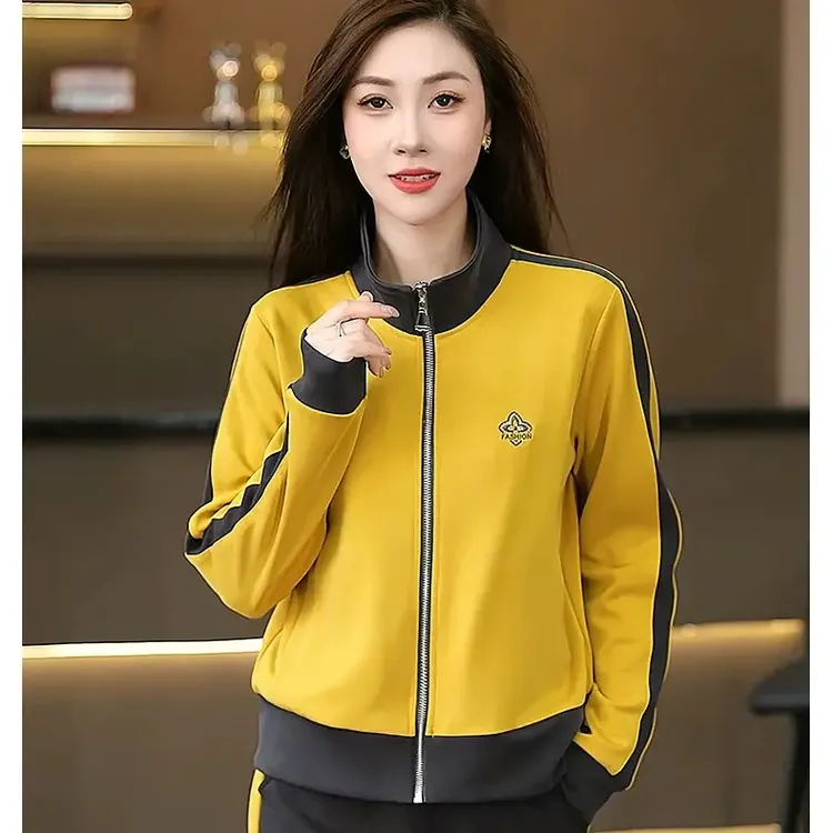 女士立领拼色长袖长裤休闲运动套装春秋新款宽松显瘦妈妈装