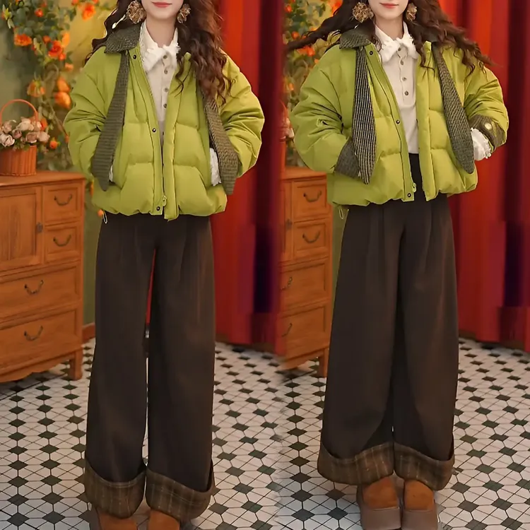 MISU/糜素慵懒风花边针织衬衫女格纹连帽外套格子阔腿裤三件套