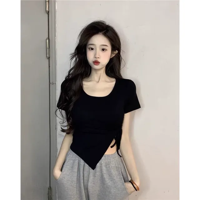 不规则抽绳下摆短袖T恤女夏季修身韩版内搭打底衫辣妹短款上衣潮
