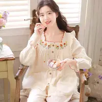 『眠岛』春秋睡衣女纯棉纱布甜美刺绣长袖带胸垫全棉家居服LZ3026
