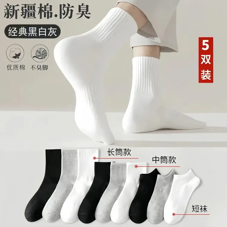 【新疆棉】四季袜男女短中长筒纯色棉袜吸汗透气防臭白色运动袜商品图