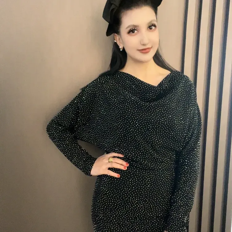 亮丝长袖连衣裙女修身显瘦遮肚子包臀裙秋季气质高腰褶皱裙子