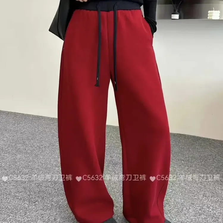 冬款加绒高腰抽绳显瘦弯刀阔腿裤子休闲百搭
