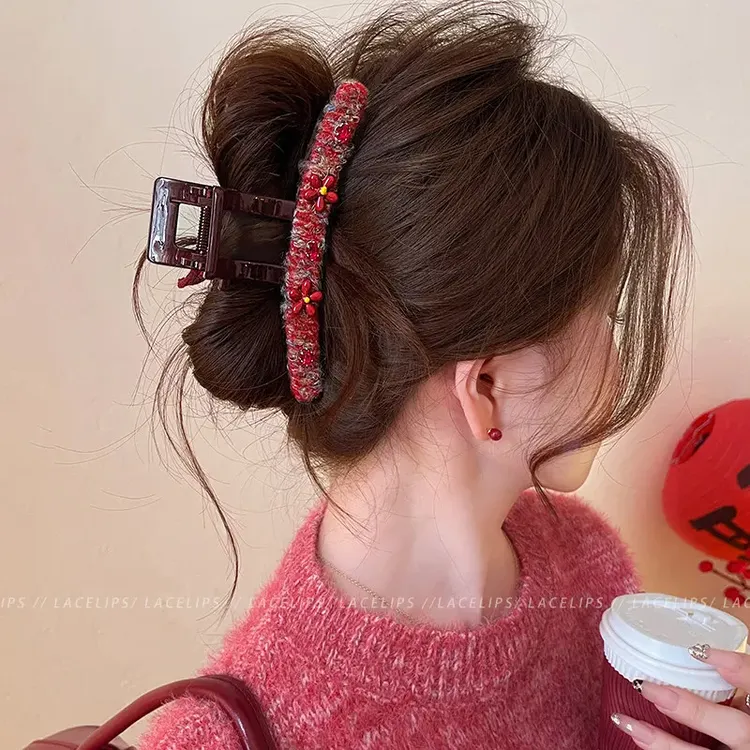 红色花朵蝴蝶结抓夹女新年氛围鲨鱼夹2025新款高级感盘发夹发饰冬