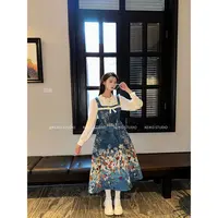 KEIKO法式油画风提花假两件连衣裙25春夏度假收腰蓬蓬碎花A字长裙