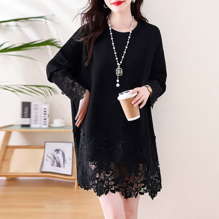 中长款蕾丝拼接打底衫女2025早秋新款高级感宽松显瘦大码内搭上衣