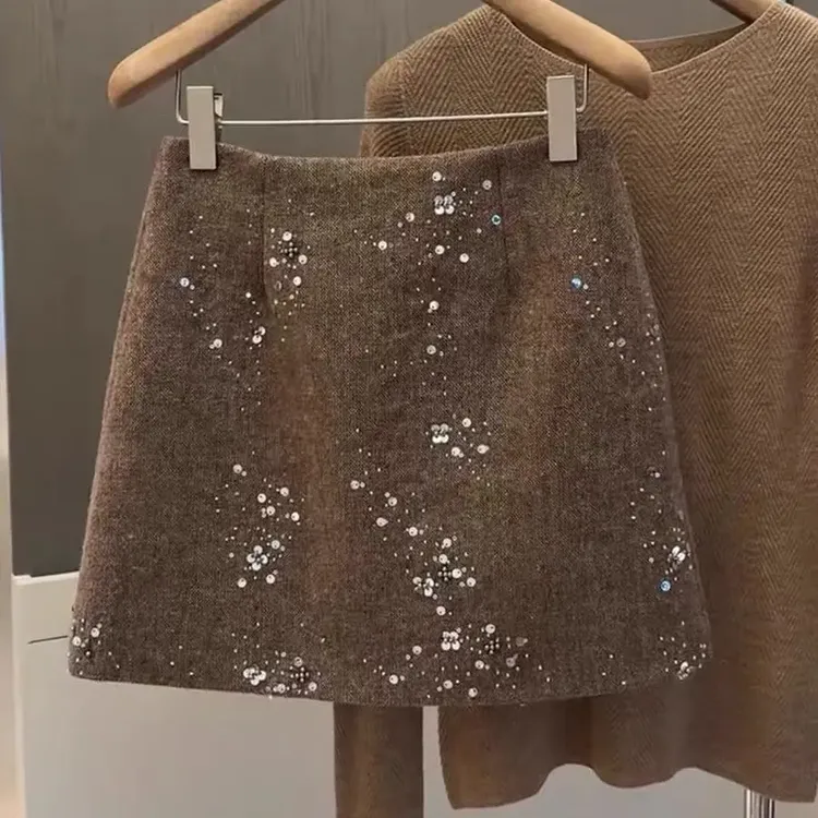 秋冬新款高腰显瘦百搭亮片烫钻A字短裙女半身裙