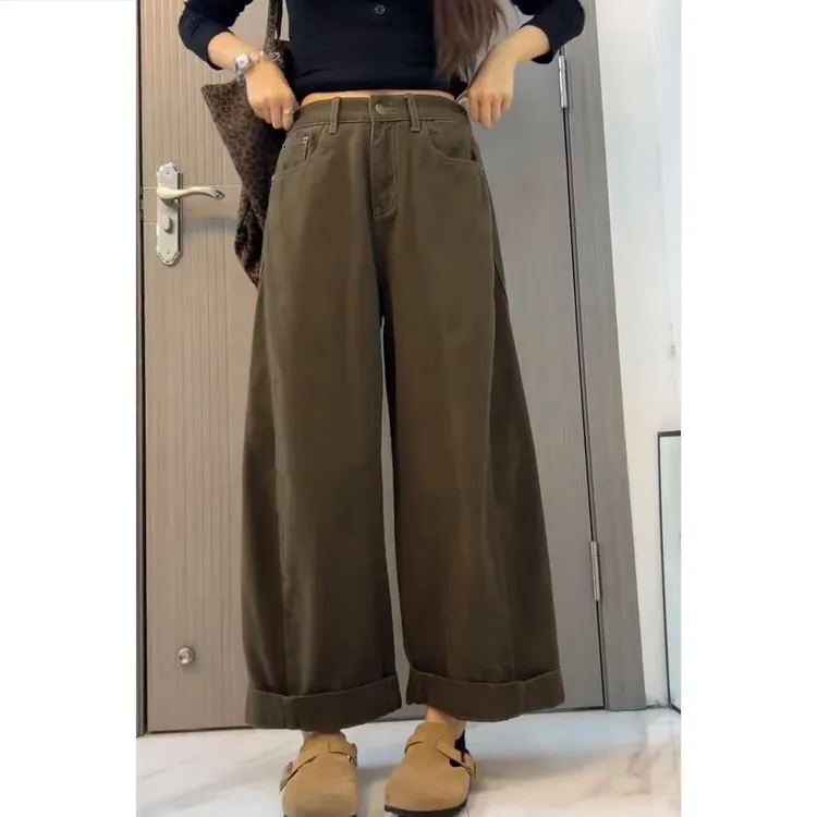 秋季宽松阔腿裤美拉德风百搭牛仔裤卷边垂感宽松长裤高腰百搭裤子