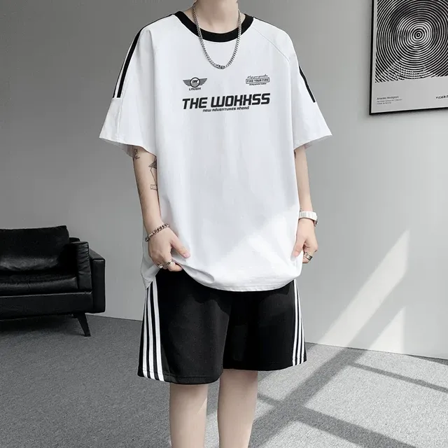 美式纯棉短袖t恤男款夏季新款潮牌痞帅宽松休闲圆领T恤五分裤套装