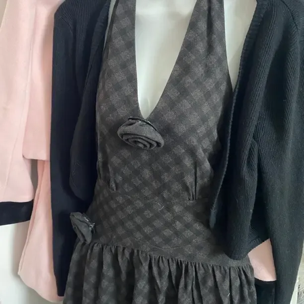 秋冬菱格气质挂脖连衣裙针织开衫两件套套装女