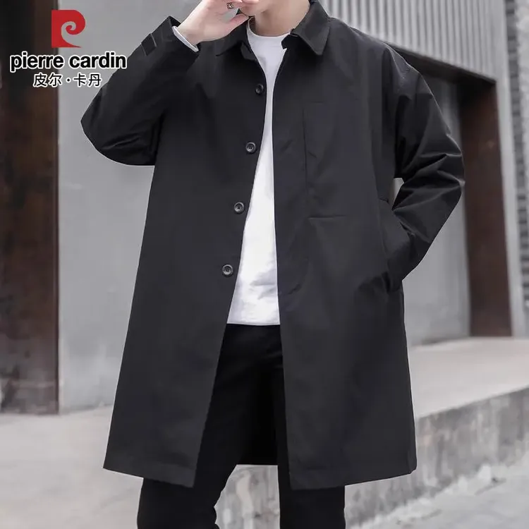 皮尔卡丹男士风衣春秋季新款时尚中长款休闲潮流百搭翻领外套男款