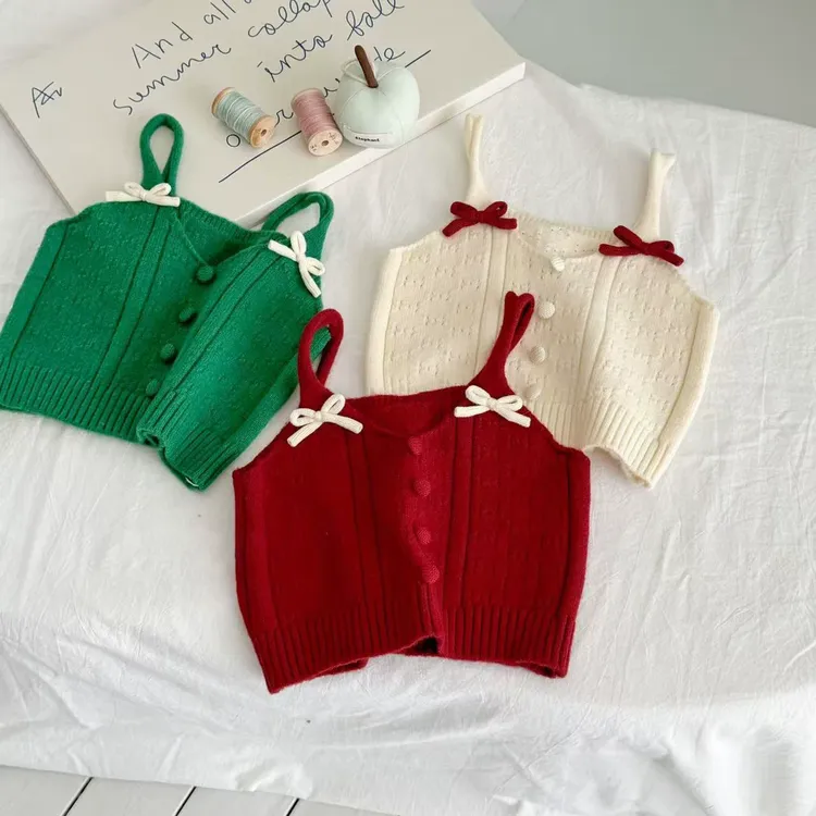 女童马甲套头蝴蝶结吊带纯色2025新款韩版毛衣春季