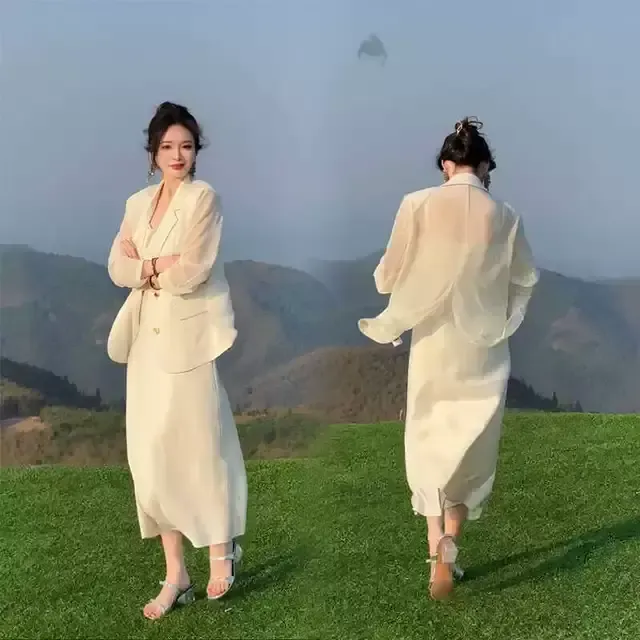 大码夏季薄款防晒西服吊带连衣裙两件套装高级感胖mm宽松西装套装