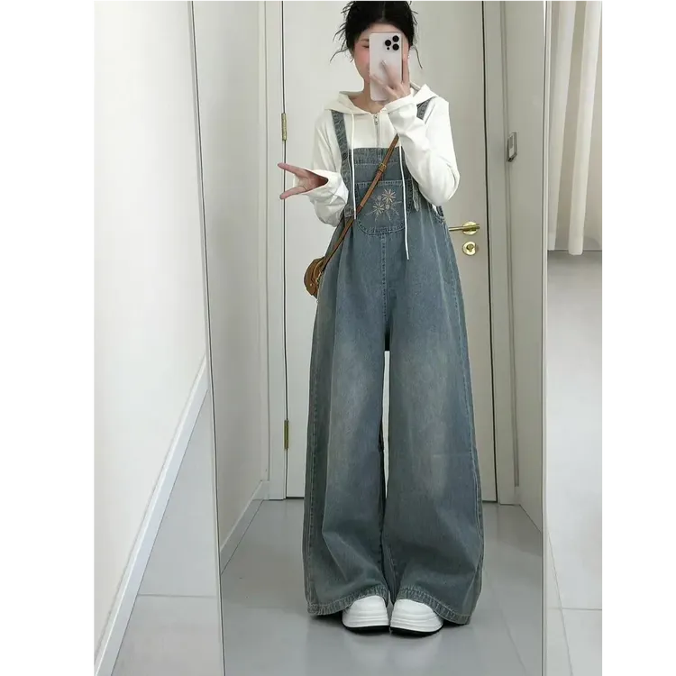 气质春季套装2025新款时尚休闲宽松遮肚小众牛仔背带裤春秋两件套