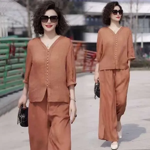 中年妈妈夏装仿天丝仿棉麻套装2025新款中老年女休闲上衣阔腿裤两