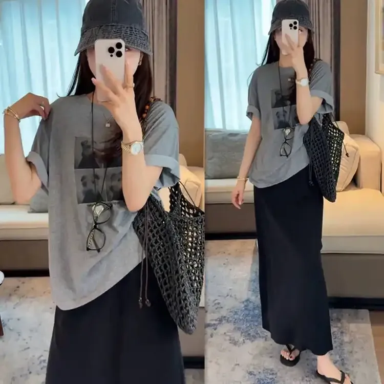 韩系时尚穿搭一整套女夏四宫格小狗卡通印花短袖T恤半身裙两件套