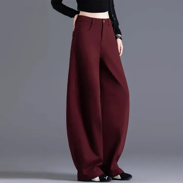 高级感酒红色弯刀休闲裤女2025秋冬加绒女裤宽松时尚香蕉阔腿裤子