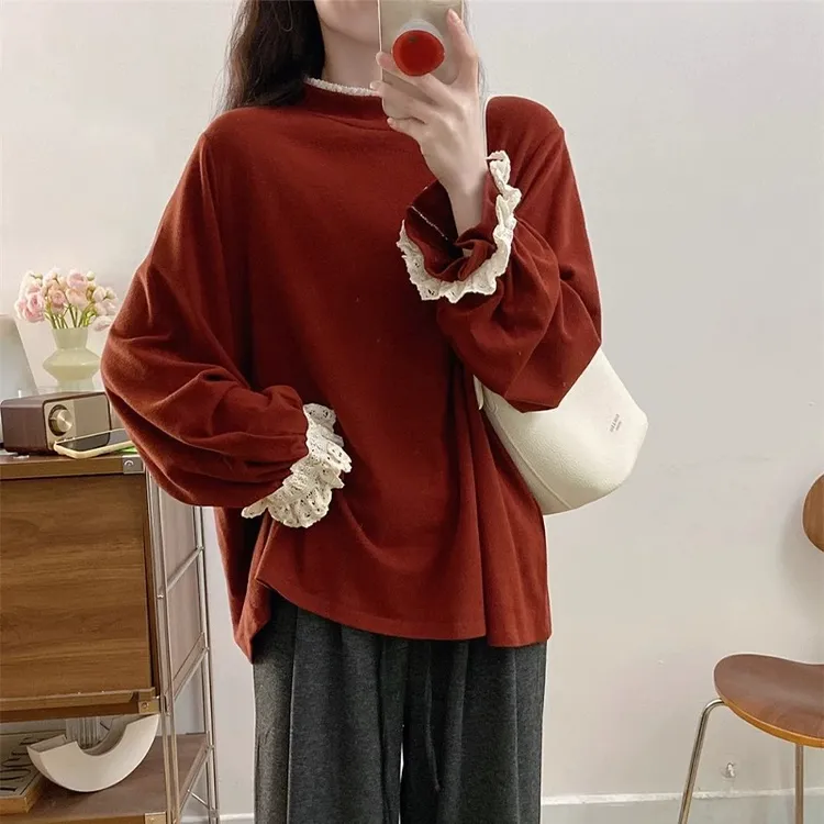 微胖妹妹大码2025春季新款花边拼接长袖T恤女高腰直筒裤两件套潮