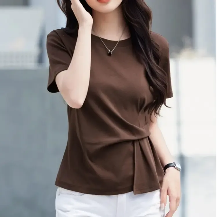 设计感洋气短袖T恤女2025夏季新款不规则遮肚子微胖显瘦小众上衣