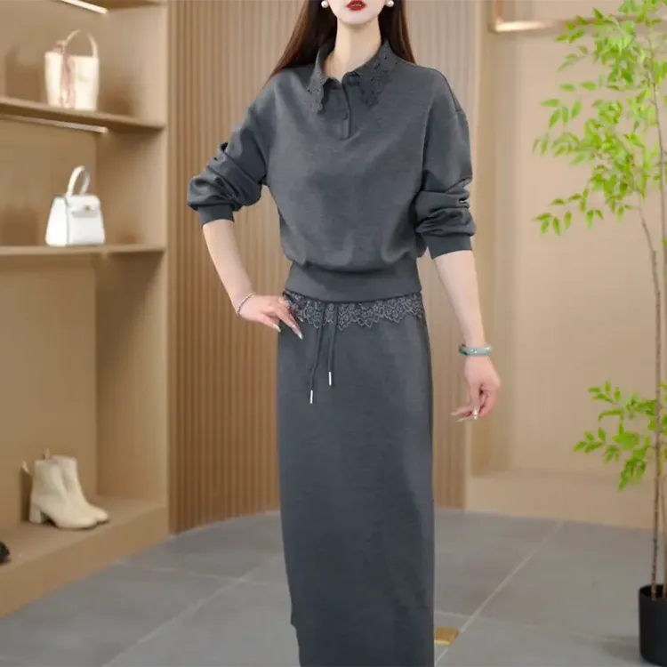 爆款春季新款时尚气质显瘦修身收腰法式灰色遮肉连衣裙上下二件套