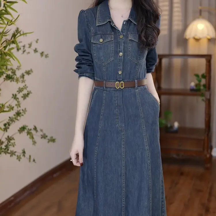 902新款时尚百搭休闲显瘦牛仔蓝长袖连衣裙