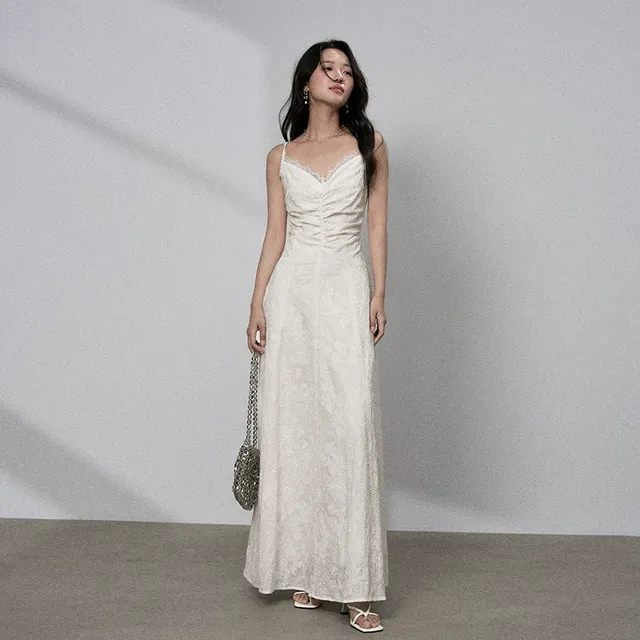 LKONE山海 栀香如玉 抽褶提花绑带露背白色吊带连衣裙法式高级感