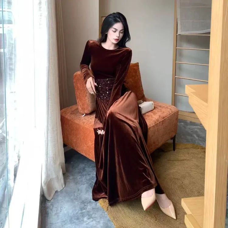 A637秋冬新款丝绒腰部拼接亮片掐腰显瘦气质法式连衣裙