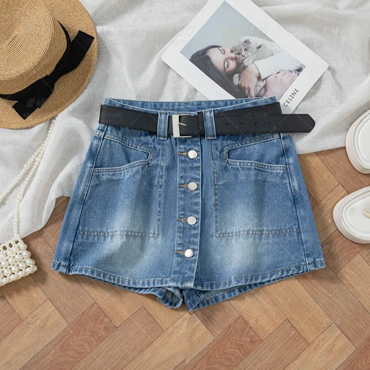 夏季新款假两件牛仔短裙A字裙修身显瘦百搭裤裙